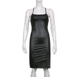 hirigin PU Leather Black Party Sexy Dresses For Women 2021 Halter Backless Bandage Bodycon Dress Ladies Club Slit Midi