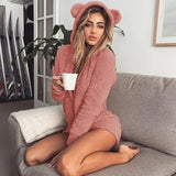 Autumn Keep Warm Velvet Women Rompers Long Sleeve Cute Bear Ears Hoodie Casual Winter Long Sleeve Siamese