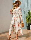 Autumn New Bohemian Floral Print Long Sleeve Waist Dress Women O Neck Loose Casual Beach Vestidos Holiday Robe Dresses-Outfit
