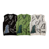 Temperament Knitted Sweater Vest 2021 Winter Sweet Girl Jumper Cartoon Dinosaur V-neck Sleeveless Knitwear Casual Loose