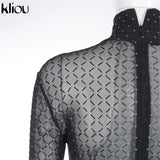 Kliou Mesh Plaid Sheer Jumpsuit Women 2021 Turtleneck Streetwear Sexy See Through Skinny Midnight Clubwear One Piece