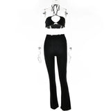 Knitted Two Piece Set Women Summer Outfits Halter Crop Top+ Straight Pant Matching Sets Femme Sexy Streetwear
