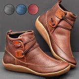 Arch Support Ankle Boots Vintage Punk Slip on Cross Strappy Winter Leather Boots Casual Soft Flat Walking Shoes Red