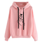 Hoodies Casual Kpop Finger Heart Love Pattern Hooded Sweatshirts Fashion Drawstring Long Sleeve Female Pullovers Plus