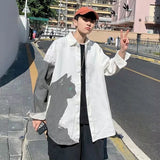 Harajuku Men Shirts Long Sleeve Cat Print White Loose Hong Kong Style Retro Autumn Thin Blouse Male Shirt Korean Fashion