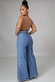 Casual Blue Straps Wide Bottom Denim Jeans