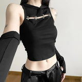 Woherb Summer Sexy Hot Girl Personality Street Niche Pure Color Slim Show Thin Crop Fashion Hooded Vest-Outfit