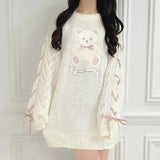 Sytle Kawaii Lolita Knitted Pullover Women Cute Cartoon Bear Embroidery Bow Bandage Sweater Female Sweet Chic Bunny Top-Outfit