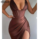 Women Summer Satin Ruched High Slit Corset Party Dress Femme Sexy V-Neck Midi Spaghetti Strap Dress Night Out Outfits Clothing-Outfit