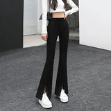 Woherb Suit Bell Bottom Pants Children 2024 Autumn New High Waist Show Thin Feeling Pants Slit Casual Micro Pants-Outfit