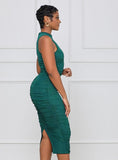 Green Sexy O-Neck Sleeveless Solid Ruffles Midi