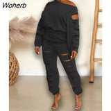 Elegant Cutout Holed Women's Set Long Sleeve T-shirt and Jogger Pants Active Fashion Tracksuit Two 2 Piece Set Outfits-Outfit
