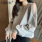 Autumn Casual Fashion Round Neck Zipper Off Shoulder Sweatshirt Women Long Sleeve Solid Jumpers Personality Pullover Top-Outfit