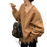 Woherb New Autumn-Winter 2023 V-Neck Sweater Female Loose Long Sleeve Lazy Wind Jacket Sweater Niche Style Broken Hole Sweater-Outfit