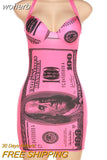 Dollar Print Pink Mini Dress for Women Elegant Halter Lace Up Bodycon Evening Club Party Dresses y2k Clothes Hot Girls-Outfit