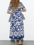 2023 Women Summer MIDI Shirts Dress Vintage Print Floral Short Sleeve Female Elegant Street Belt Dresses Clothing-Outfit