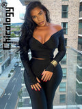 Sexy Black Long Sleeve Slim 2 Piece Pants Set Party Club Streetwear Festival Fall Winter Basic Women Wholesale Clothes-Outfit