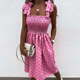 New Off Shoulder Draped Sling Party Dress Women Spring Polka Dot Print A-Line Dress Summer Tie-up Bow Sleeveless Beach