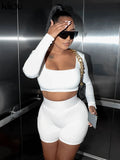 Kliou Biker Style Shorts Two Piece Set Women Autumn Harajuku Simple Square Collar Top+Solid Streak Decoration Sheath