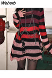 Grunge Striped Knitted Sweater Women Long Pullovers Loose Thin Punk Sweaters Jumpers Mujer Jersey Chic Streetwear 729-1-Outfit