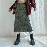 Woherb Chinese Print Retro Style Skirt Autumn 2023 New Sen Fresh Low Waist Color A Word Long Skirt-Outfit