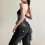 Woherb 2024 New Women's Half High Collar Flounce Sleeveless Print Mesh Slim Small Vest-Outfit
