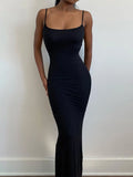 Women Spring New Maxi Dress Black Sexy Backless Off Shoulder Slim Sleeveless O-Neck Solid Sling Floor-Length Elegant Lady Dress-Outfit