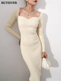 Vintage Square Collar Package Hip Knitted Dress Women Autumn Winter Full Sleeve Slim Fit Bodycon Sweater Dress Female-Outfit