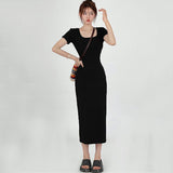2024 Summer Bodycon Long Dress Women Korean Style Mid-Length Short Sleeve Dresses Woman Solid Streetwear Slim Vestidos-Outfit