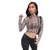 Woherb Style 2024 Hot Selling Autumn And Winter New Women's Long Sleeve Round Collar Short Snake Grain T-Shirt-Outfit