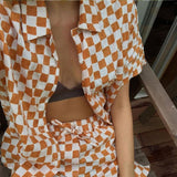 Women Lounge Wear Summer Plaid Tracksuit Shorts Set Short Sleeve Shirt Tops And Mini Shorts Suit 2021 Green Two Piece