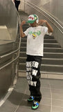 loose straight wide-leg pants American hip-hop street letter printed jeans men's fashion retro loose jeans women's new style 729-1-Outfit