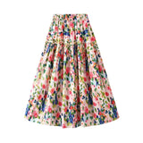 Women Holiday Printed A-line Skirt Elegant Elastic Waist Long Floral A-line Skirt QT2142-Outfit