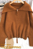 Solid Sweater Cardigan Women Sailor Collar Knitted Sweater Coats Casual Loose Zip Up Korean Fashion Knitwear Chic Tops-Outfit