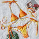 Woherb New Sexy Strap Gradient Print Women's Split Swimsuit Luxury Crystal Diamond Bikini Shell
