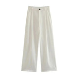 Women Fashion Side Pockets Front Darts Straight Pants Vintage High Waist Zipper Fly Female Trousers Mujer-Outfit