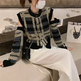 Woherb Spell Color Small Fragrant Wind Sweater Coat Female Autumn New Korean Version Design Sense Removable Long Sleeve Knit Cardigan-Outfit