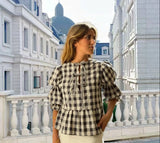 Fashion Casual Plaid Hollow Out Strap Double Bubble Sleeve Shirt Women's Top-Outfit