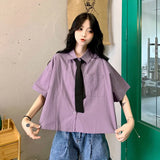 Women Shirts Blouse Summer Oversized Blouses Short Sleeve Short Shirt Preppy Style White Cropped Students JK Uniform-Outfit