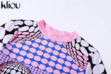 Kliou Aesthetic Polka Dots Print Two Piece Set Women Casual O-neck Half Sleeve Slim Fit Tops+Fashion Streetwear Hipster