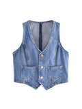 2023 Women Summer Denim Vests Coats Fashion Solid Pockets Buttons V-Neck Female Elegant Street Waistcoat Vest Clothing-Outfit