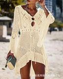Out Knitted Cover Up Women Spring Summer Beach Sexy Loose Cover-up Solid Color Long Sleeve Fashion Casual Mini Dress-Outfit