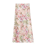 Women Summer Mid-length Satin Floral Trumpet Skirt Casual High Waist Printed Long Skirt QT1855-Outfit
