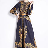 Retro Elegant Print Dress Women's Spring New French Court Style Waist Single Buckle Long