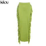 Kliou Side Tassel Women Skirt Elegant Unique Robe Straight Skinny Hight Waist Stretchy Hot Streetwear Style Female