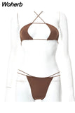Solid Halter Bandage Hollow Out Sexy Bra Swimsuit 2 Pieces Set 2023 Summer Holiday Beach Revealing Outfits Y2K 729-1-Outfit