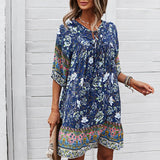 Bohemian Women Mini Dress Casual A-line Short Dress2022 Summer Floral Printed Half Sleeve Lace Up O Neck Party
