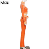 Kliou Solid Velour Two Piece Set Women Simple Casual Zipper Long Sleeve Turtleneck Top+Bandage Lace Slim Female Wide Leg
