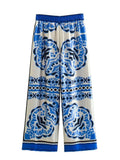 2023 Women Summer Loose Wide Leg Pants Vintage Print Elastic waist Drawstring Female Elegant Street Split Pant Trousers-Outfit