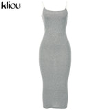 Kliou strap backless sexy bodycon midi long dress new women high waist cotton striped dresses elegant fashion party